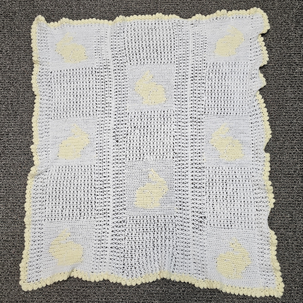 Handmade Crocheted baby blanket white and yellow bunnies